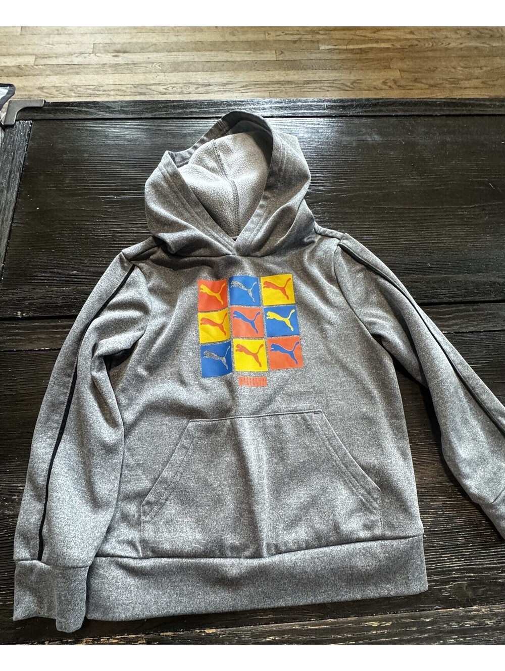 PUMA Boys Hoodie Size 4 Gray Multicolor Logo Pullover Sweatshirt Kangaroo Pocket